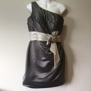 Charcoal Grey Satin Dress with Ivory Bow